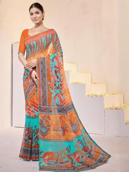 Garden VARELI - Orange Printed Slub Taspa Saree Without Blouse