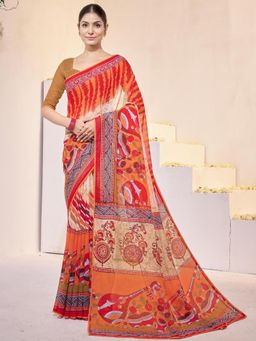 Garden VARELI - Red Printed Slub Taspa Saree With Unstitched Blouse