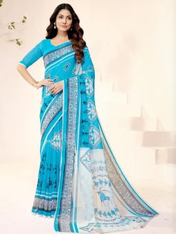 Garden VARELI - Blue Printed Slub Taspa Saree With Unstitched Blouse