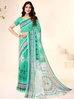 Garden VARELI - Green Printed Slub Taspa Saree Without Blouse
