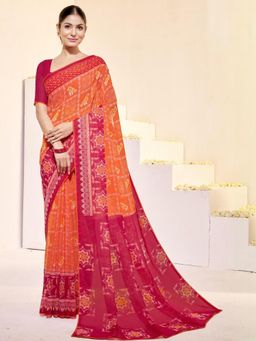 Garden VARELI - Orange Printed Slub Taspa Saree Without Blouse