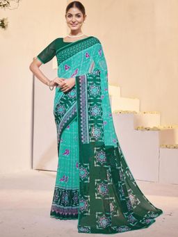 Garden VARELI - Teal Printed Slub Taspa Saree With Unstitched Blouse