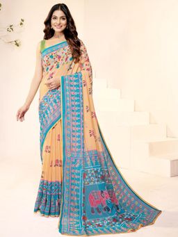 Garden VARELI - Beige Indian Printed Slub Taspa Saree With Unstitched Blouse