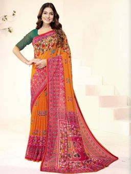 Garden VARELI - Orange Printed Slub Taspa Saree With Unstitched Blouse