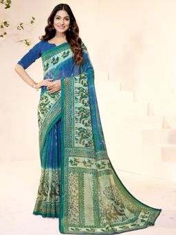 Garden VARELI - Women Blue Printed Slub Taspa Saree Without Blouse