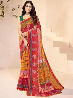 Garden VARELI - Women Yellow Floral Printed Slub Taspa Saree Without Blouse