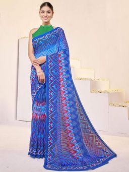 Garden VARELI - Women Blue Geometric Printed Slub Taspa Saree Without Blouse