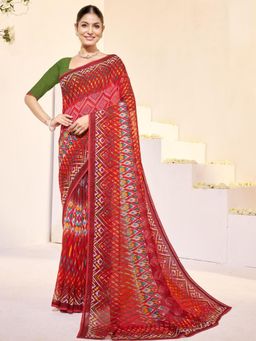 Garden VARELI - Women Red Geometric Printed Slub Taspa Saree Without Blouse