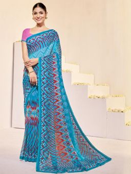 Garden VARELI - Women Teal Geometric Printed Slub Taspa Saree Without Blouse