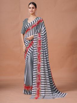 Garden VARELI - Women Grey Stripes Printed Slub Taspa Saree Without Blouse
