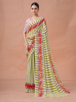 Garden VARELI - Women Olive Stripes Printed Slub Taspa Saree Without Blouse