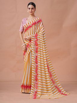 Garden VARELI - Women Orange Stripes Printed Slub Taspa Saree Without Blouse