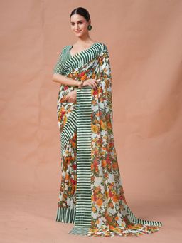 Garden VARELI - Women Olive Floral Printed Slub Taspa Saree Without Blouse