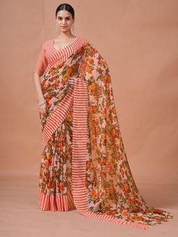 Garden VARELI - Women Orange Floral Printed Slub Taspa Saree Without Blouse