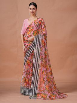 Garden VARELI - Women Pink Floral Printed Slub Taspa Saree Without Blouse