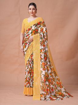Garden VARELI - Women Yellow Floral Printed Slub Taspa Saree Without Blouse
