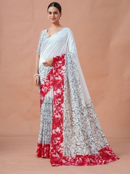 Garden VARELI - Women Red Floral Printed Slub Taspa Saree With Unstitched Blouse