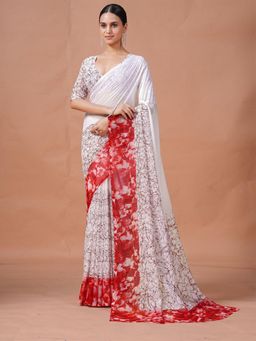 Garden VARELI - Women Red Floral Printed Slub Taspa Saree Without Blouse
