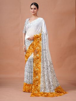 Garden VARELI - Women Yellow Floral Printed Slub Taspa Saree Without Blouse