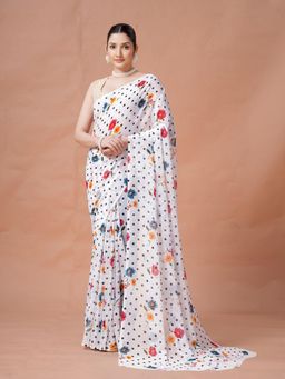 Garden VARELI - Women White Floral Printed Slub Taspa Saree Without Blouse