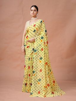 Garden VARELI - Women Yellow Floral Printed Slub Taspa Saree Without Blouse
