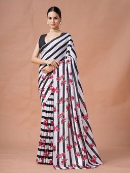 Garden VARELI - Women Black Stripes Printed Slub Taspa Saree Without Blouse