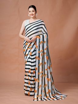 Garden VARELI - Women Black Stripes Printed Slub Taspa Saree Without Blouse