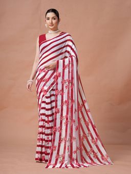 Garden VARELI - Women Maroon Stripes Printed Slub Taspa Saree Without Blouse