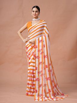 Garden VARELI - Women Orange Stripes Printed Slub Taspa Saree With Unstitched Blouse