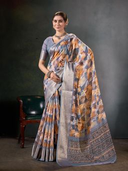 Garden VARELI - Women Grey Abstract Printed Poly Linen Saree Without Blouse