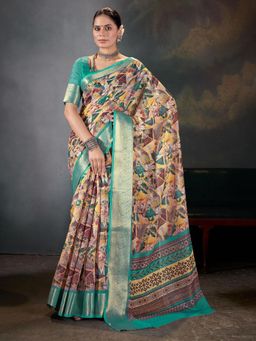 Garden VARELI - Women Teal Abstract Printed Poly Linen Saree Without Blouse
