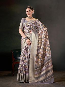 Garden VARELI - Women Grey Geometric Zari Poly Linen Saree With Unstitched Blouse