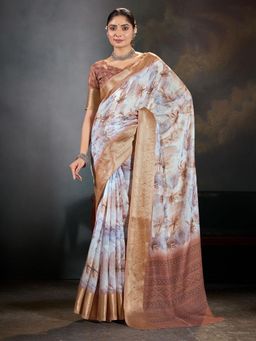 Garden VARELI - Women Brown Floral Printed Poly Linen Saree With Unstitched Blouse