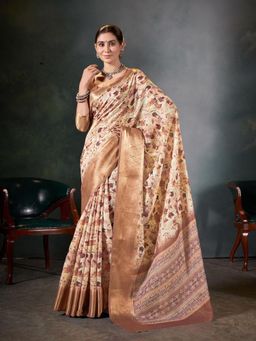 Garden VARELI - Women Beige Floral Printed Poly Linen Saree Without Blouse