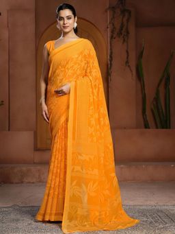 Garden VARELI - Women Orange Floral Printed Chiffon Saree Without Blouse