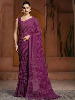 Garden VARELI - Women Purple Floral Printed Chiffon Saree Without Blouse