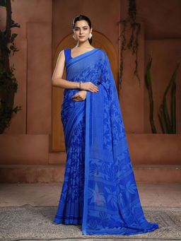 Garden VARELI - Women Blue Floral Printed Chiffon Saree Without Blouse