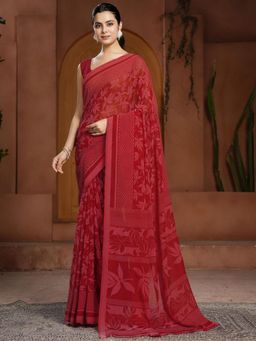 Garden VARELI - Women Burgundy Floral Printed Chiffon Saree Without Blouse