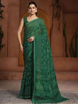 Garden VARELI - Women Green Floral Printed Chiffon Saree Without Blouse