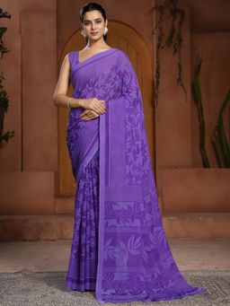 Garden VARELI - Women Purple Floral Printed Chiffon Saree Without Blouse