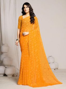 Garden VARELI - Women Orange Floral Printed Chiffon Saree Without Blouse