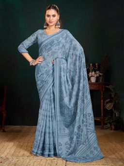 Garden VARELI - Women Grey Floral Printed Viscose Brasso Saree With Unstitched Blouse