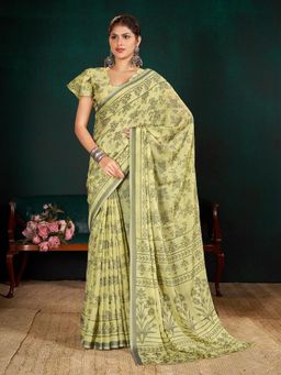 Garden VARELI - Women Yellow Floral Printed Viscose Brasso Saree Without Blouse