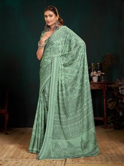 Garden VARELI - Women Aqua Floral Printed Viscose Brasso Saree With Unstitched Blouse