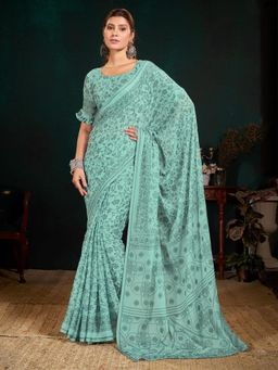 Garden VARELI - Women Green Floral Printed Viscose Brasso Saree With Unstitched Blouse