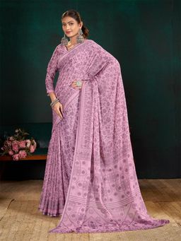 Garden VARELI - Women Pink Floral Printed Viscose Brasso Saree Without Blouse