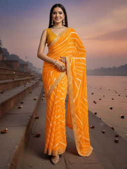 Akhilam - Women Georgette Yellow Printed Designer Saree with Unstitched Blouse