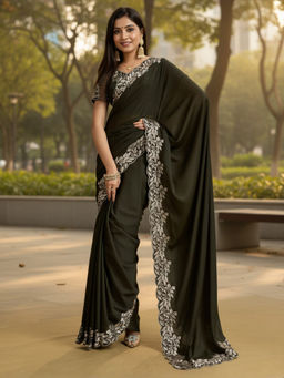 Akhilam - Women Georgette Dark Green Embellished Saree with Unstitched Blouse