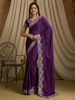 Akhilam - Women Georgette Purple Embellished/Sequined Saree with Unstitched Blouse
