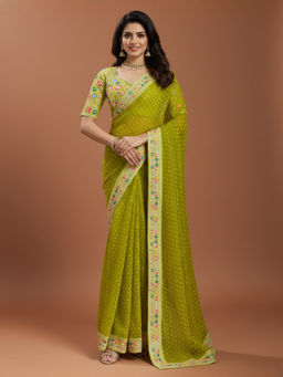 Akhilam - Women Georgette Light Green Printed Designer Saree with Unstitched Blouse